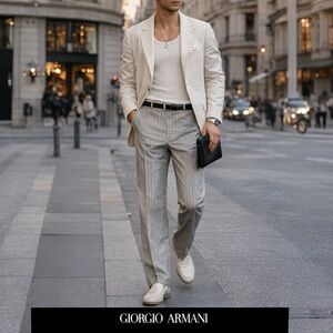 Giorgio Armani Gray Pinstripe Trousers IT 48 Linen Blend Made in Italy